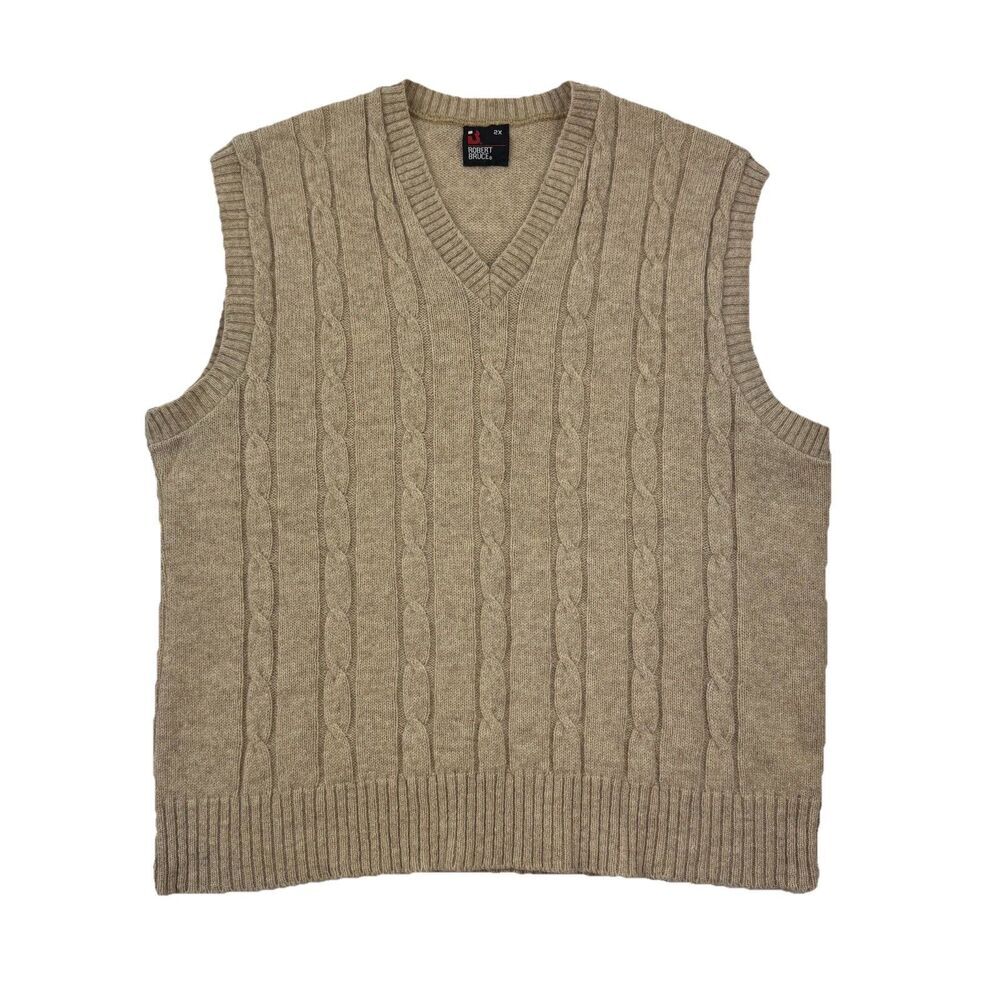 Vintage Robert Bruce 2X Cable Knit Wool Blend Sweater Vest Beige Tan USA Made